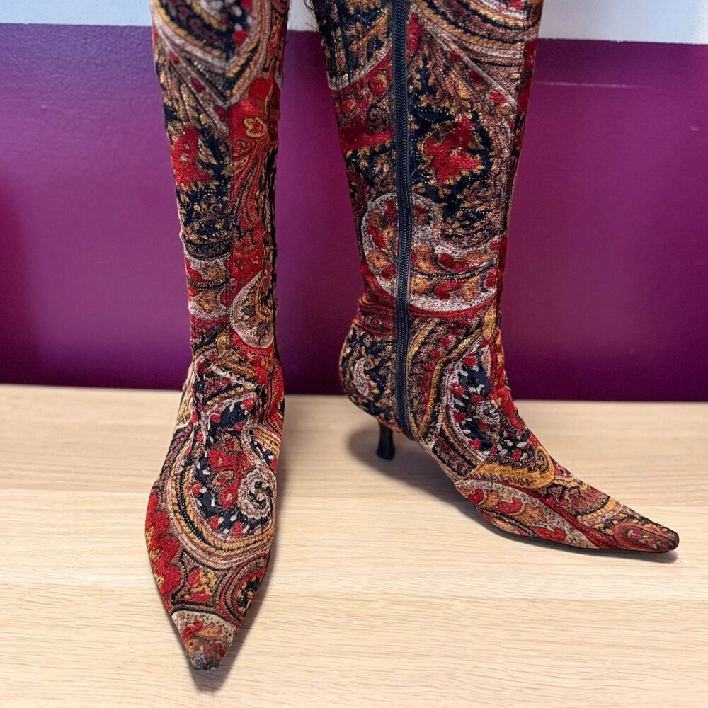 Lot of 2 Knee-High Boots – Diba Paisley Tapestry + Frederick’s of Hollywood Two-